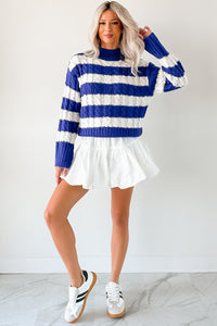 Restful Rhythm Cable Knit Striped Sweater (Royal) - NanaMacs