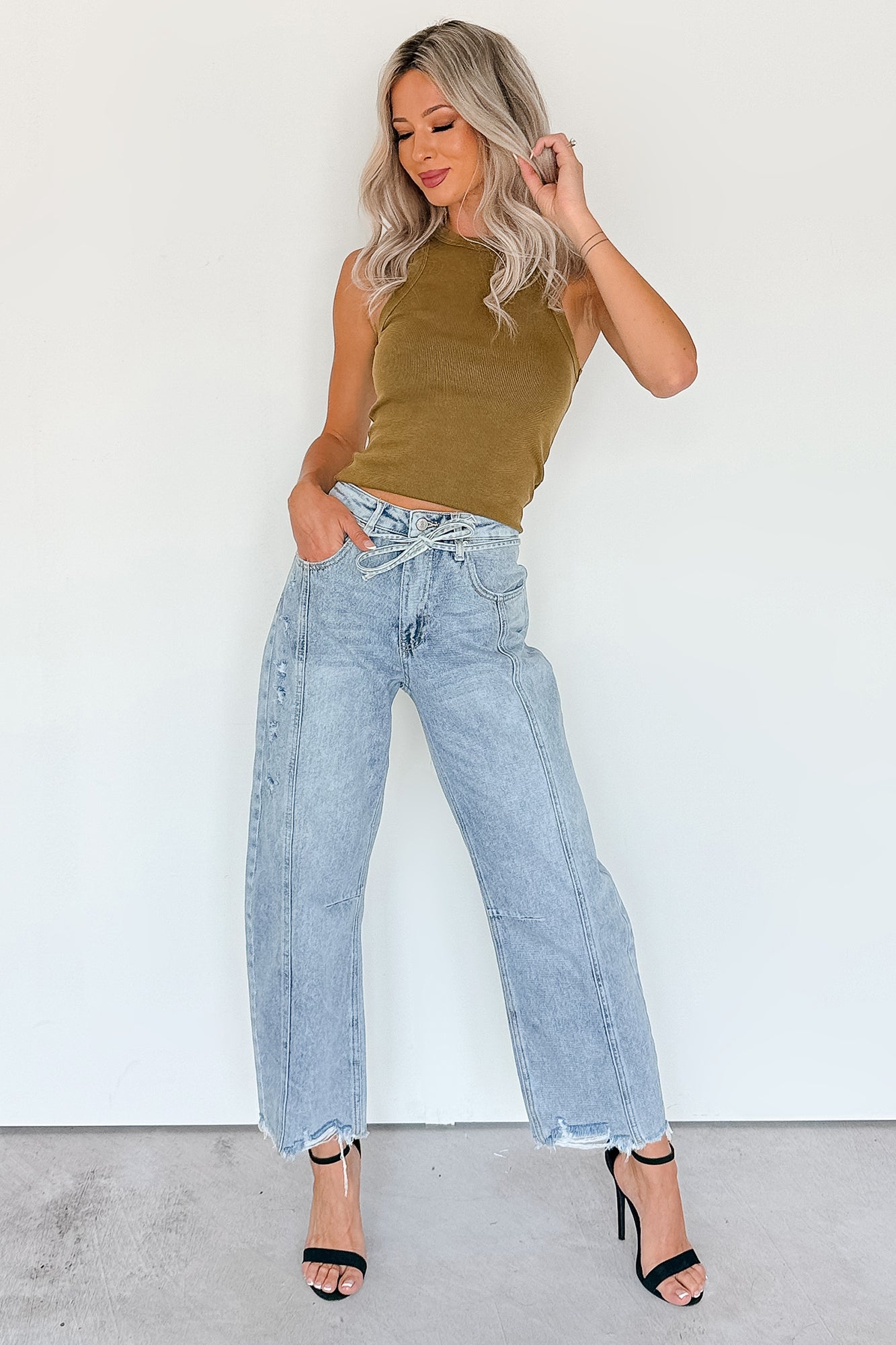Solara High Rise Waist Tie Saige Denim Barrel Jeans (Light Wash) - NanaMacs