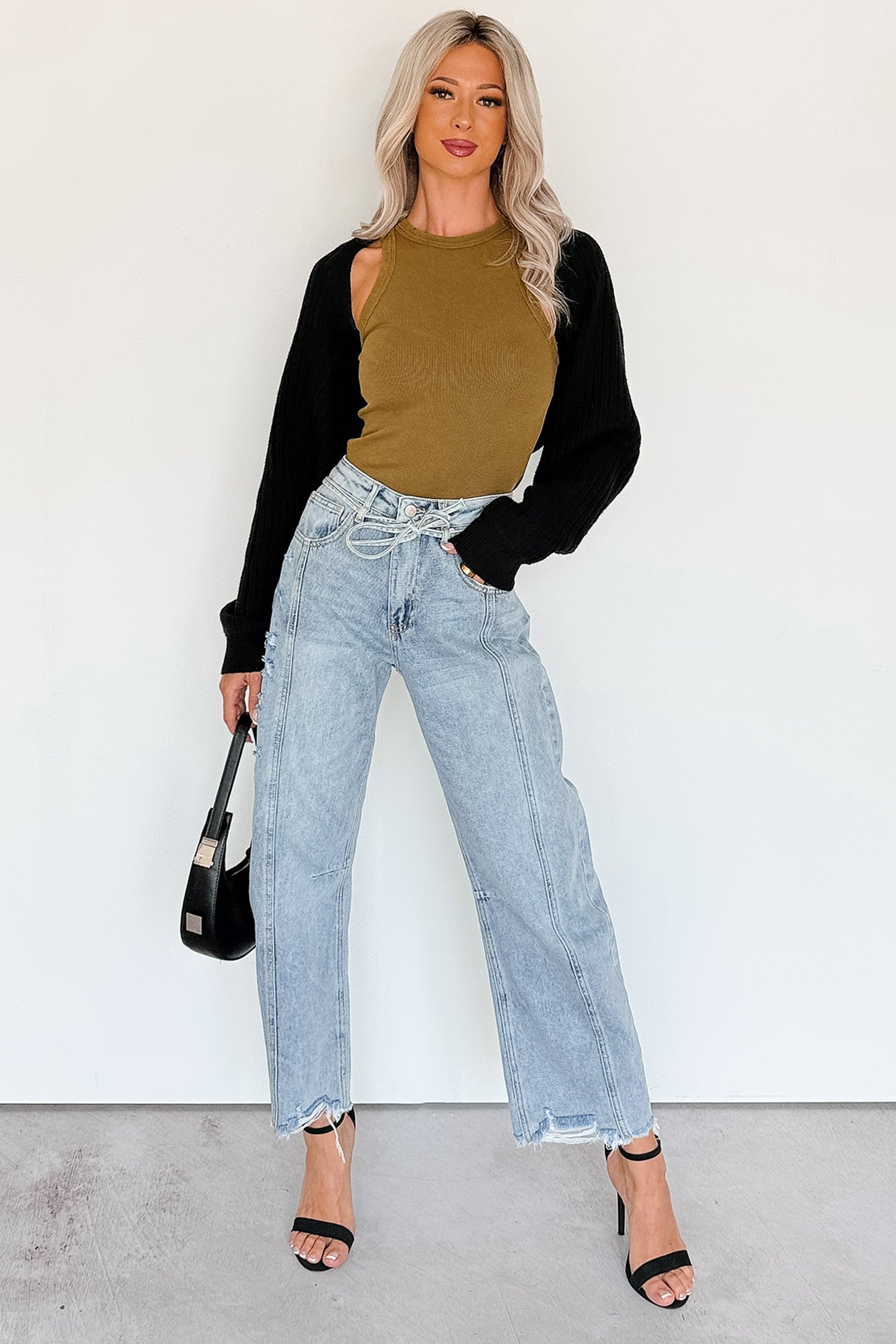 Solara High Rise Waist Tie Saige Denim Barrel Jeans (Light Wash) - NanaMacs