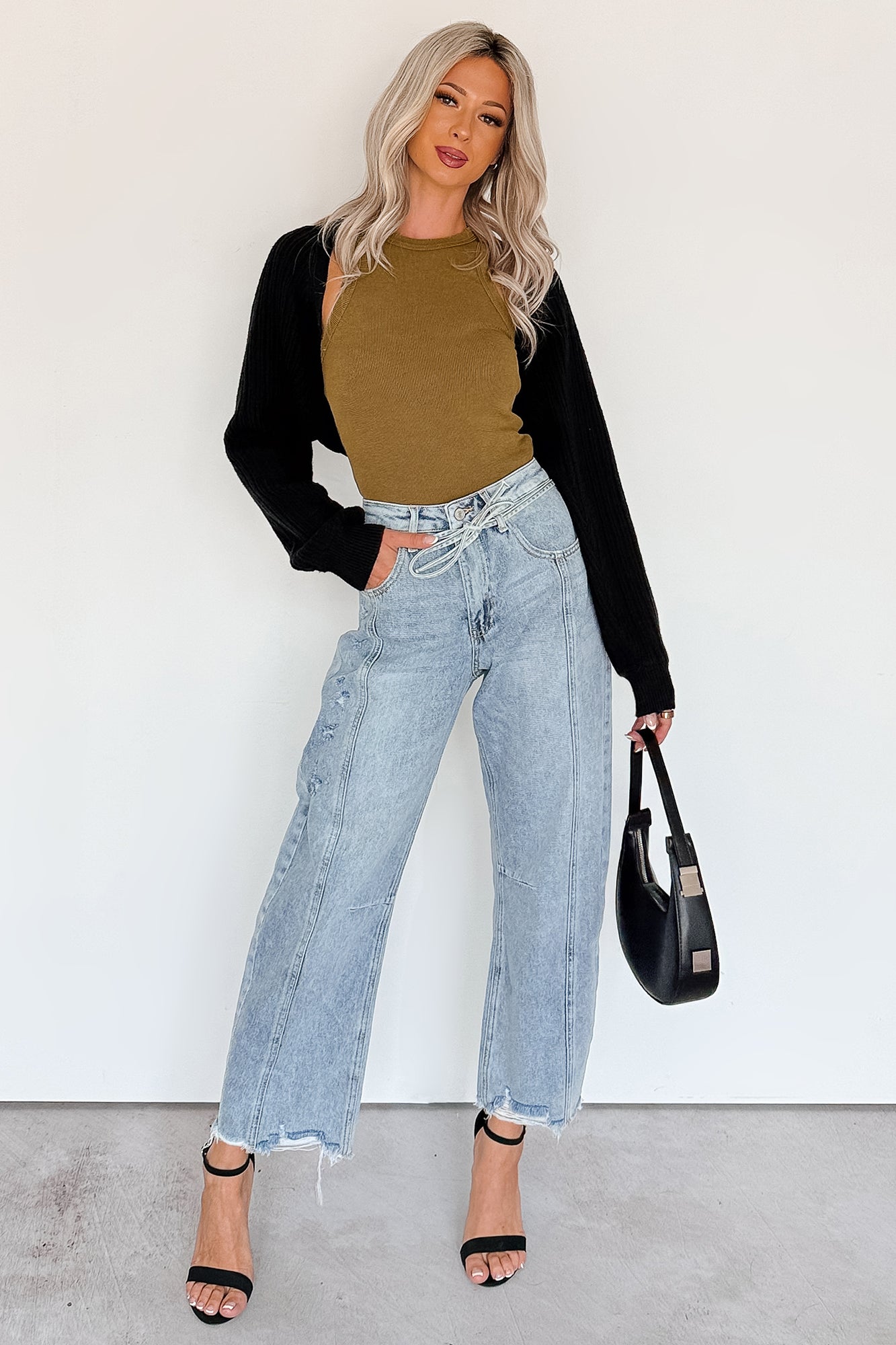 Solara High Rise Waist Tie Saige Denim Barrel Jeans (Light Wash) - NanaMacs