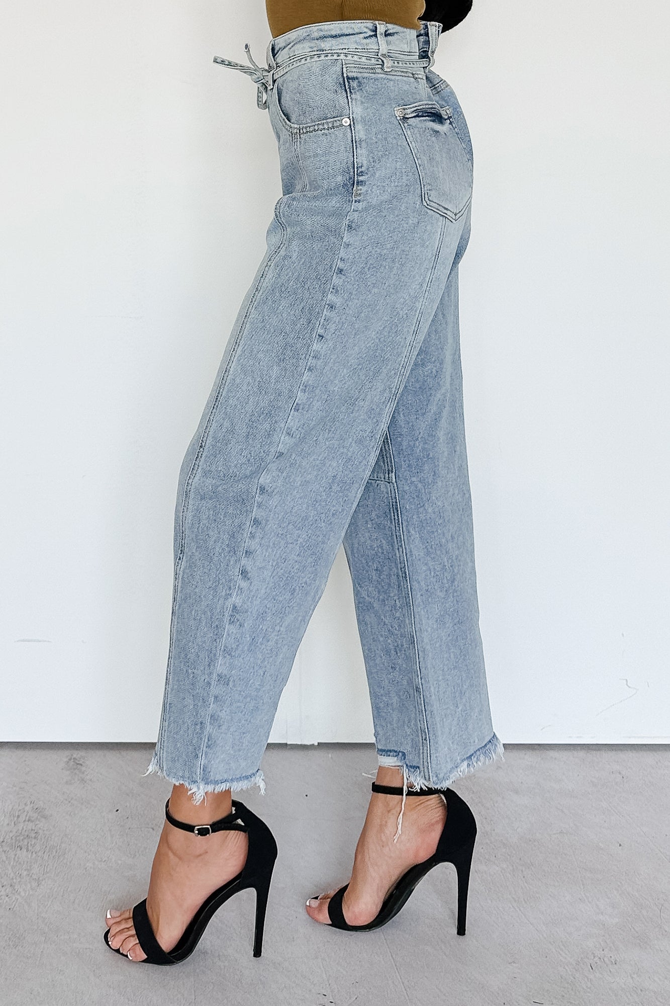 Solara High Rise Waist Tie Saige Denim Barrel Jeans (Light Wash) - NanaMacs