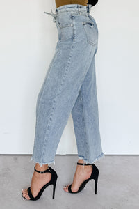 Solara High Rise Waist Tie Saige Denim Barrel Jeans (Light Wash) - NanaMacs