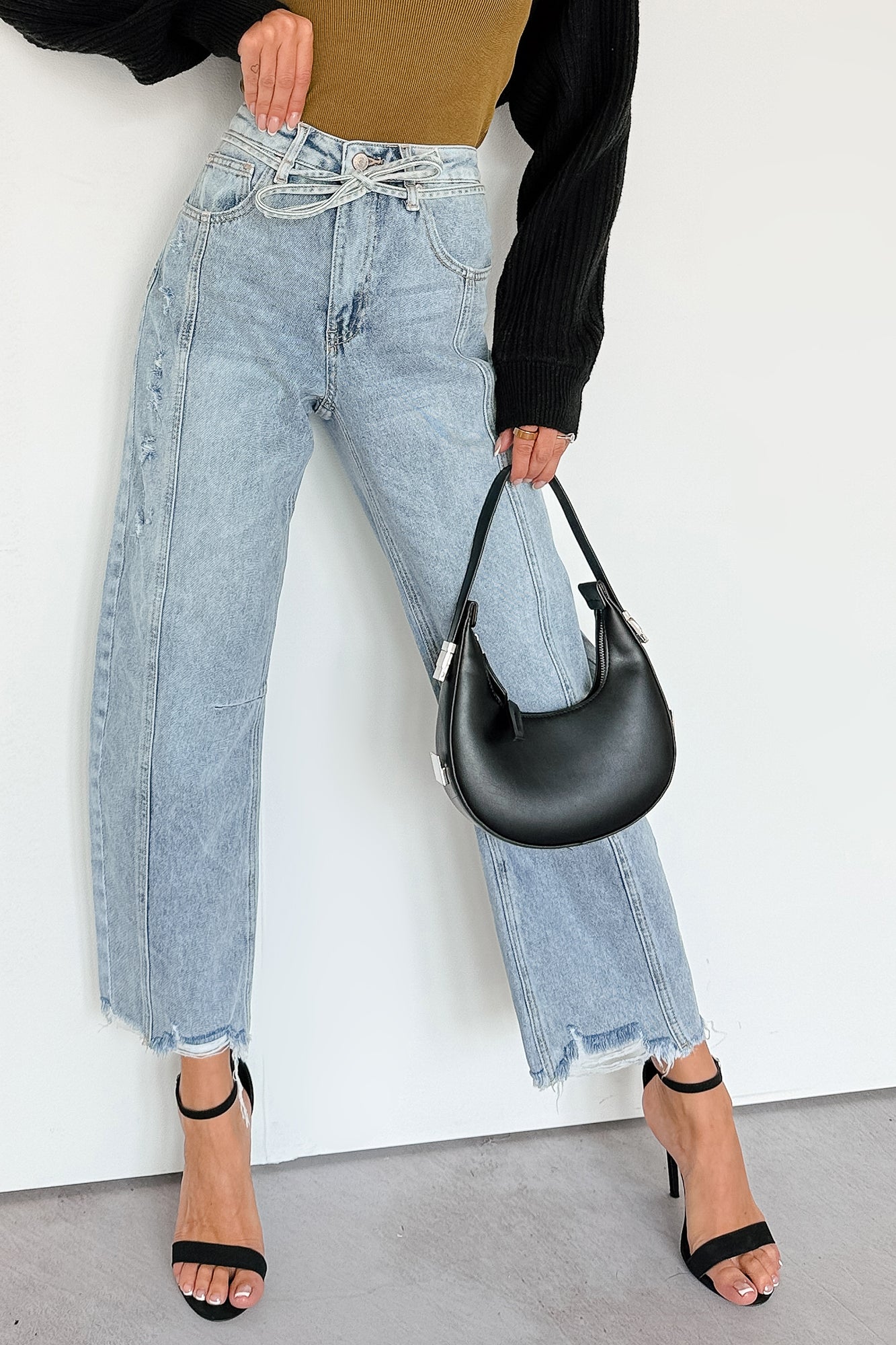 Solara High Rise Waist Tie Saige Denim Barrel Jeans (Light Wash) - NanaMacs