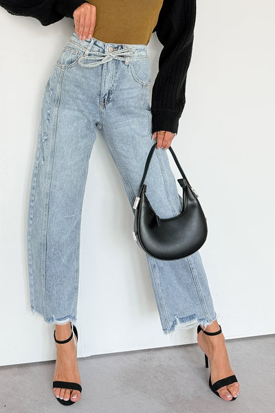 Solara High Rise Waist Tie Saige Denim Barrel Jeans (Light Wash) - NanaMacs
