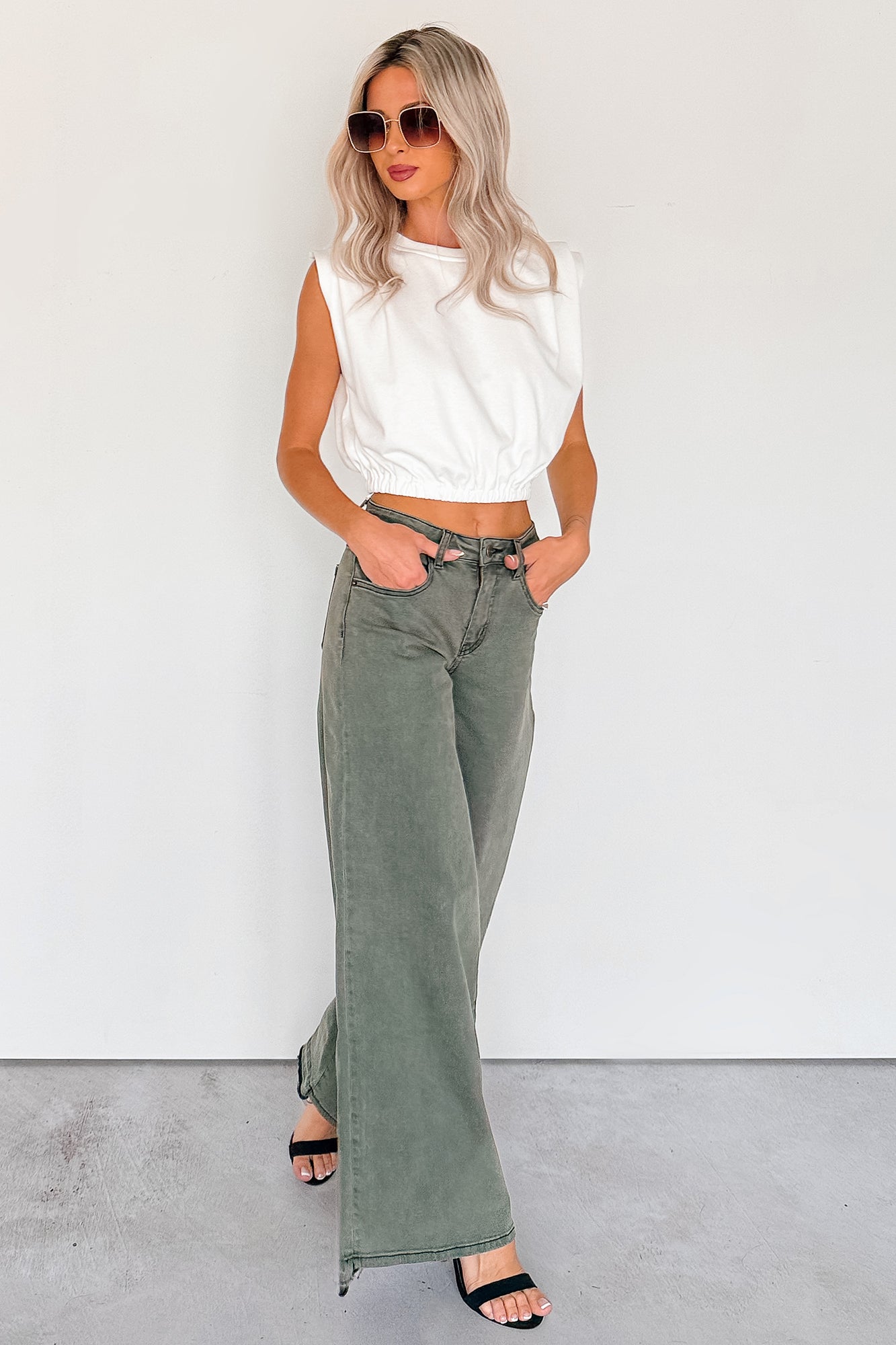 Valencia High Rise Wide Leg Mica Denim Jeans (Dark Green) - NanaMacs