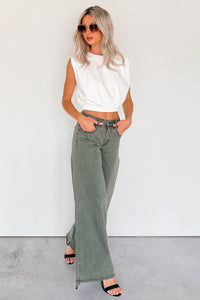 Valencia High Rise Wide Leg Mica Denim Jeans (Dark Green) - NanaMacs