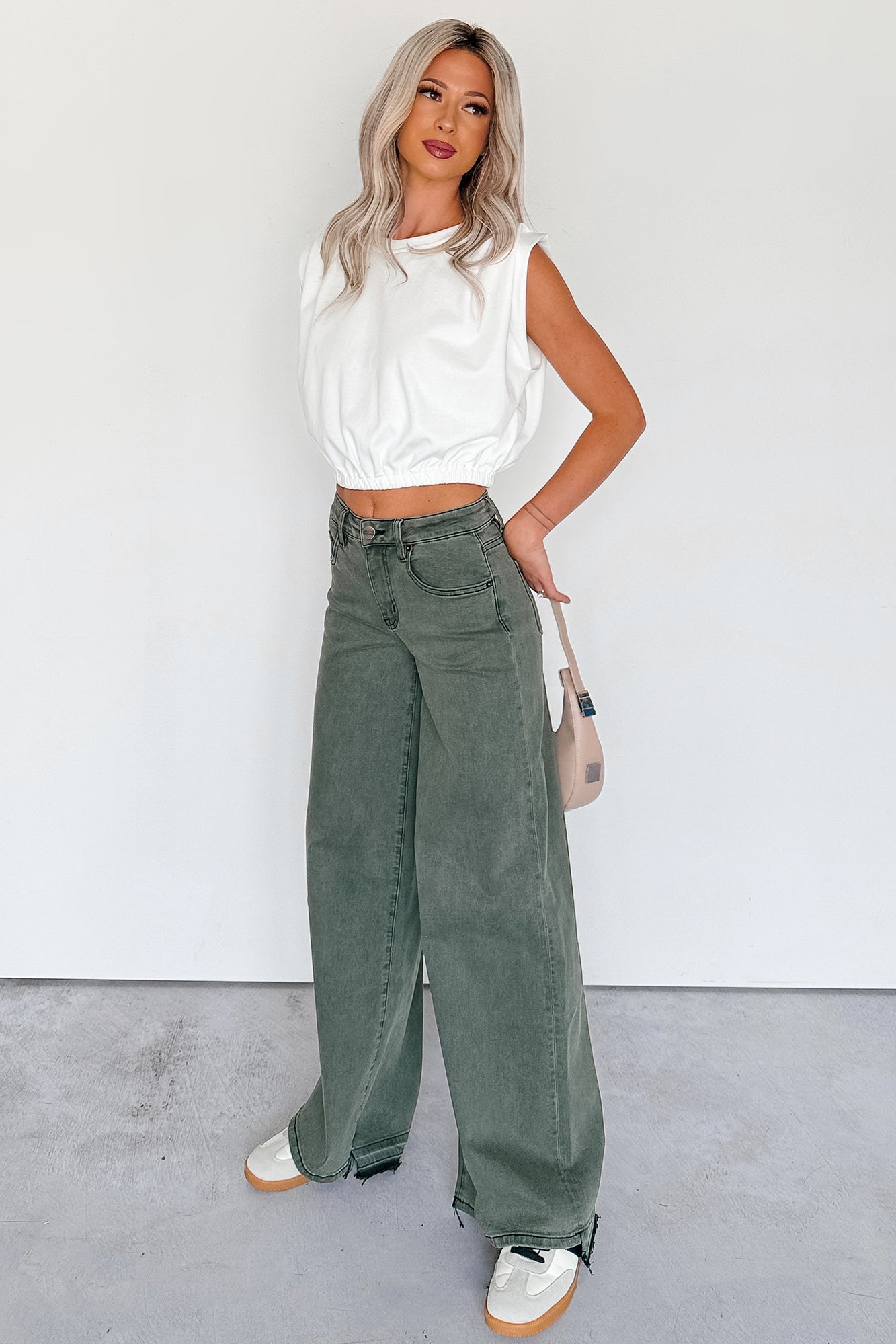 Valencia High Rise Wide Leg Mica Denim Jeans (Dark Green) - NanaMacs