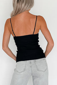 Ethereal Ease Button Down Front Slit Lace Cami Top (Black) - NanaMacs