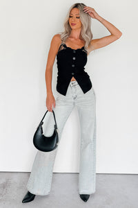 Ethereal Ease Button Down Front Slit Lace Cami Top (Black) - NanaMacs