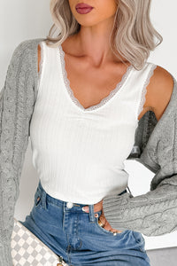 Bed Of Roses Ribbed Lace Trim Tank Top (White) - NanaMacs