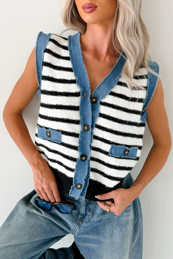 Born For Bold Striped Denim Trim Vest Top (Black/White) - NanaMacs