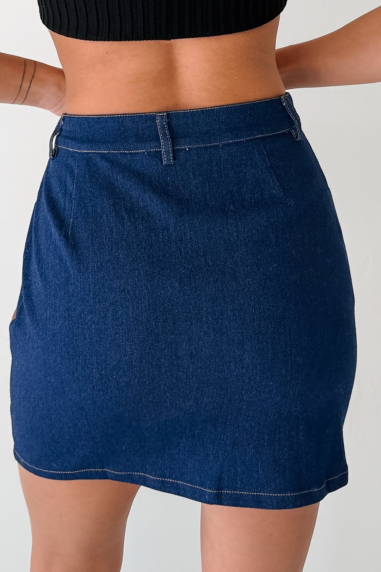 Sweet Horizon Faux Leather & Denim Mini Skirt (Dark Denim) · NanaMacs