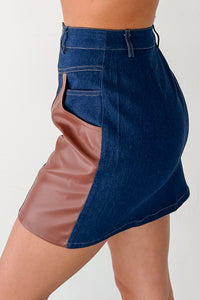Sweet Horizon Faux Leather & Denim Mini Skirt (Dark Denim) - NanaMacs