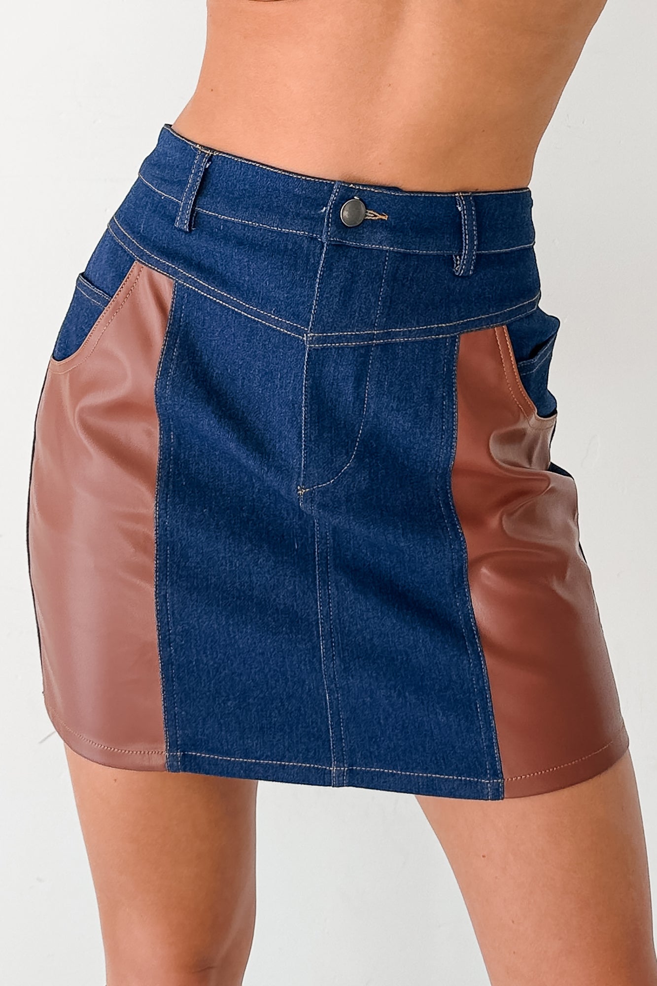 Sweet Horizon Faux Leather & Denim Mini Skirt (Dark Denim) - NanaMacs