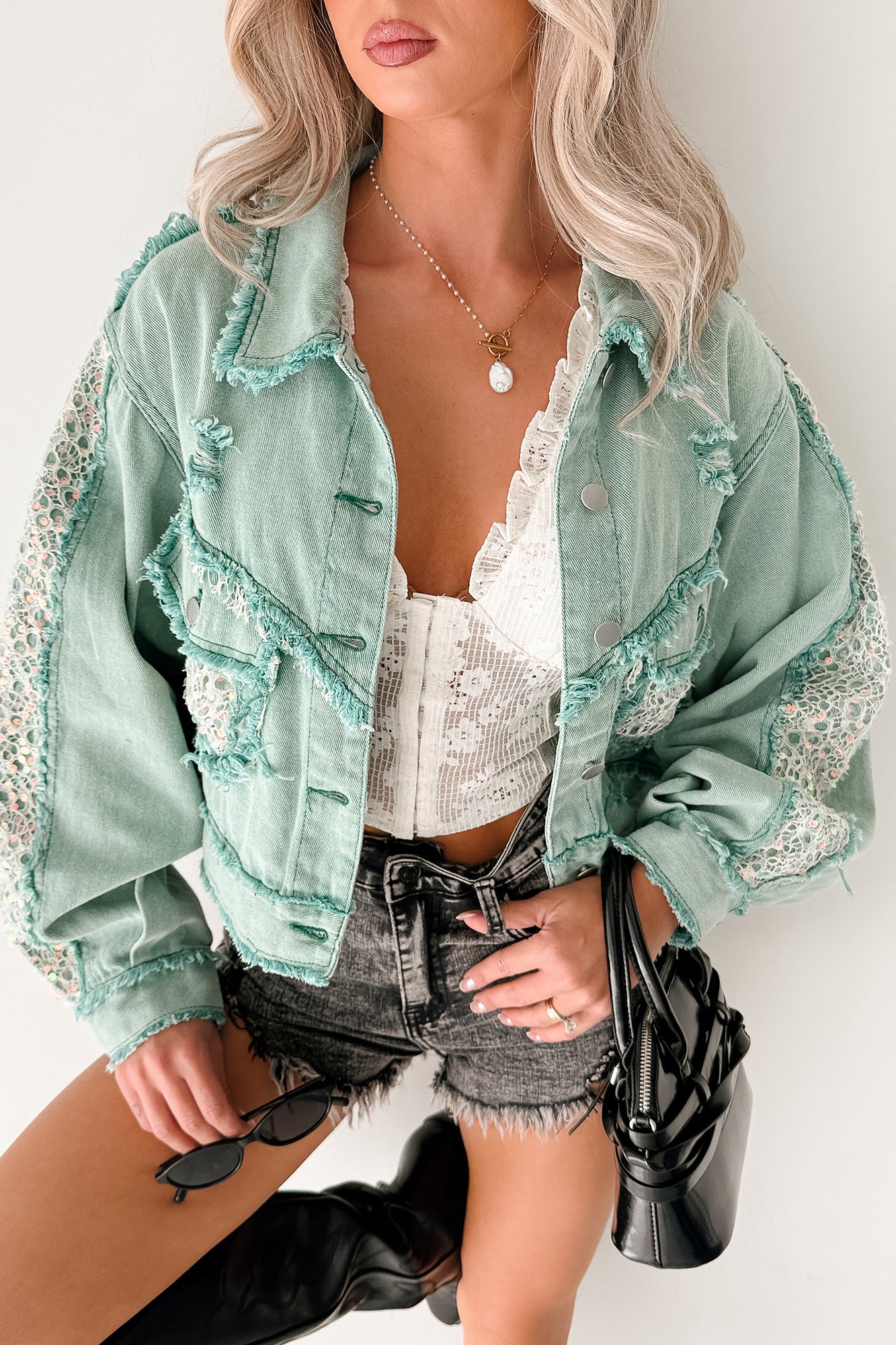 Built To Slay Detailed POL Denim Jacket (Jade Green) - NanaMacs