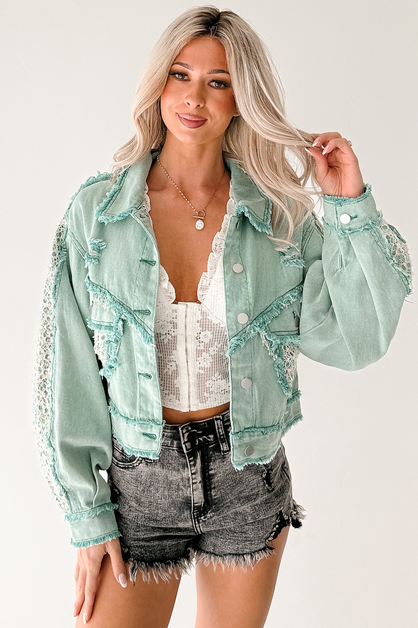 Built To Slay Detailed POL Denim Jacket (Jade Green) - NanaMacs