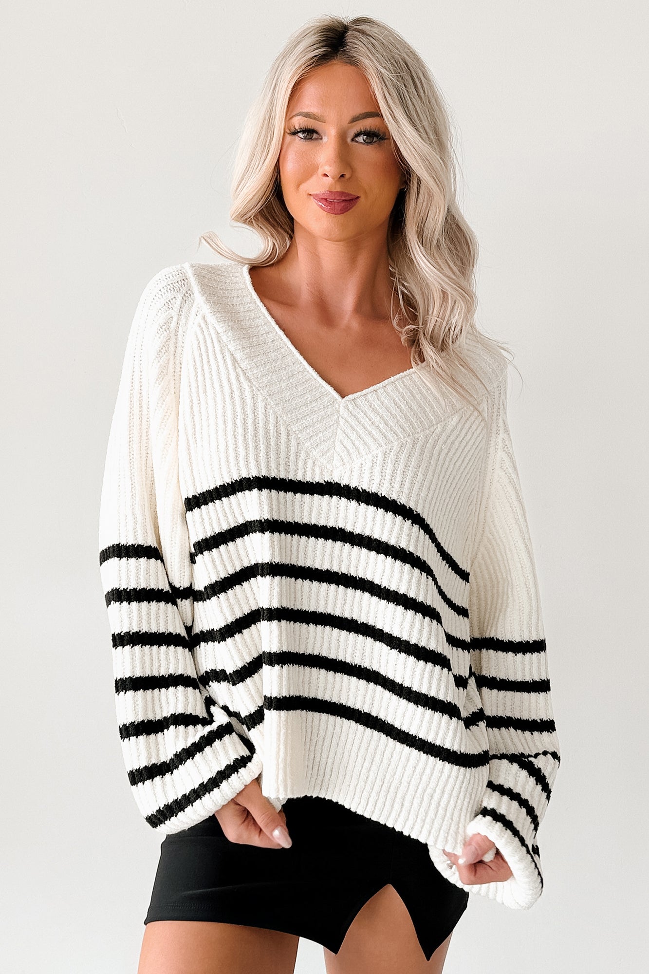 Lovers Untold Striped V Neck Sweater (Cream) - NanaMacs