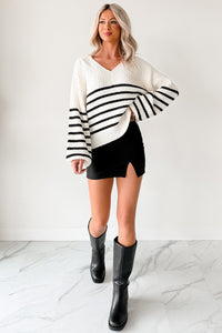 Lovers Untold Striped V Neck Sweater (Cream) - NanaMacs
