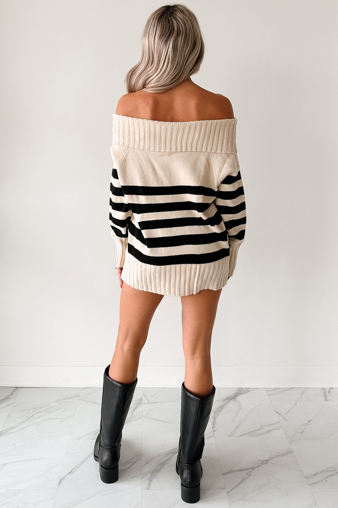 Saying Less Off The Shoulder Stripe Sweater (Cream/Black) - NanaMacs