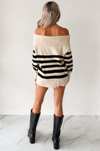 Saying Less Off The Shoulder Stripe Sweater (Cream/Black) - NanaMacs