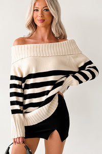Saying Less Off The Shoulder Stripe Sweater (Cream/Black) - NanaMacs