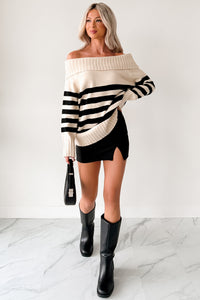 Saying Less Off The Shoulder Stripe Sweater (Cream/Black) - NanaMacs