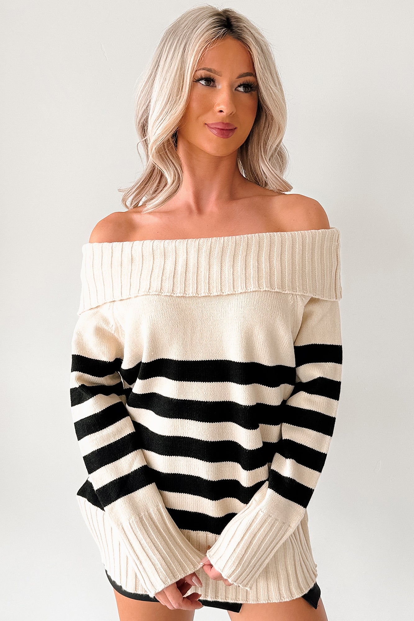 Saying Less Off The Shoulder Stripe Sweater (Cream/Black) - NanaMacs
