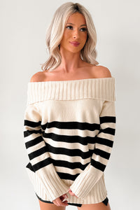 Saying Less Off The Shoulder Stripe Sweater (Cream/Black) - NanaMacs