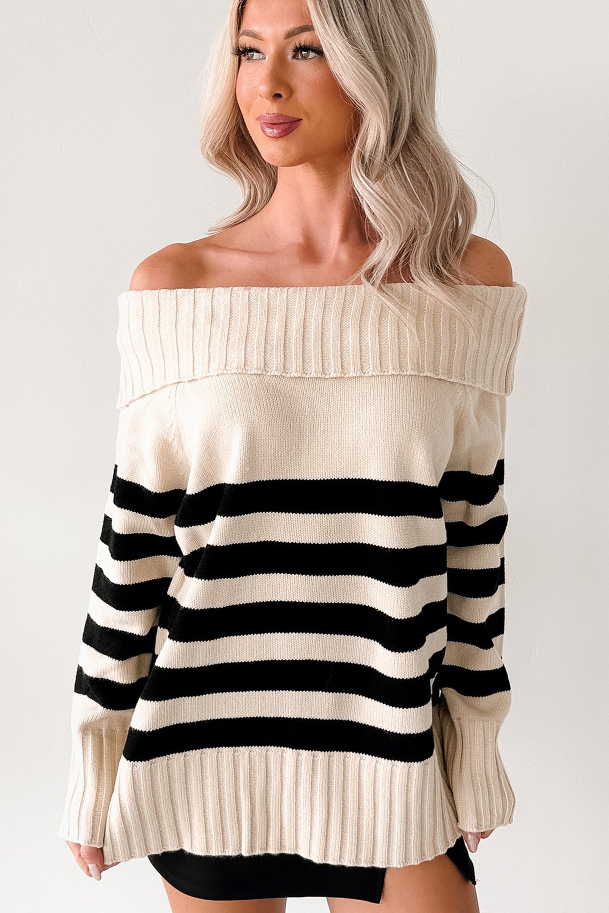 Saying Less Off The Shoulder Stripe Sweater (Cream/Black) - NanaMacs