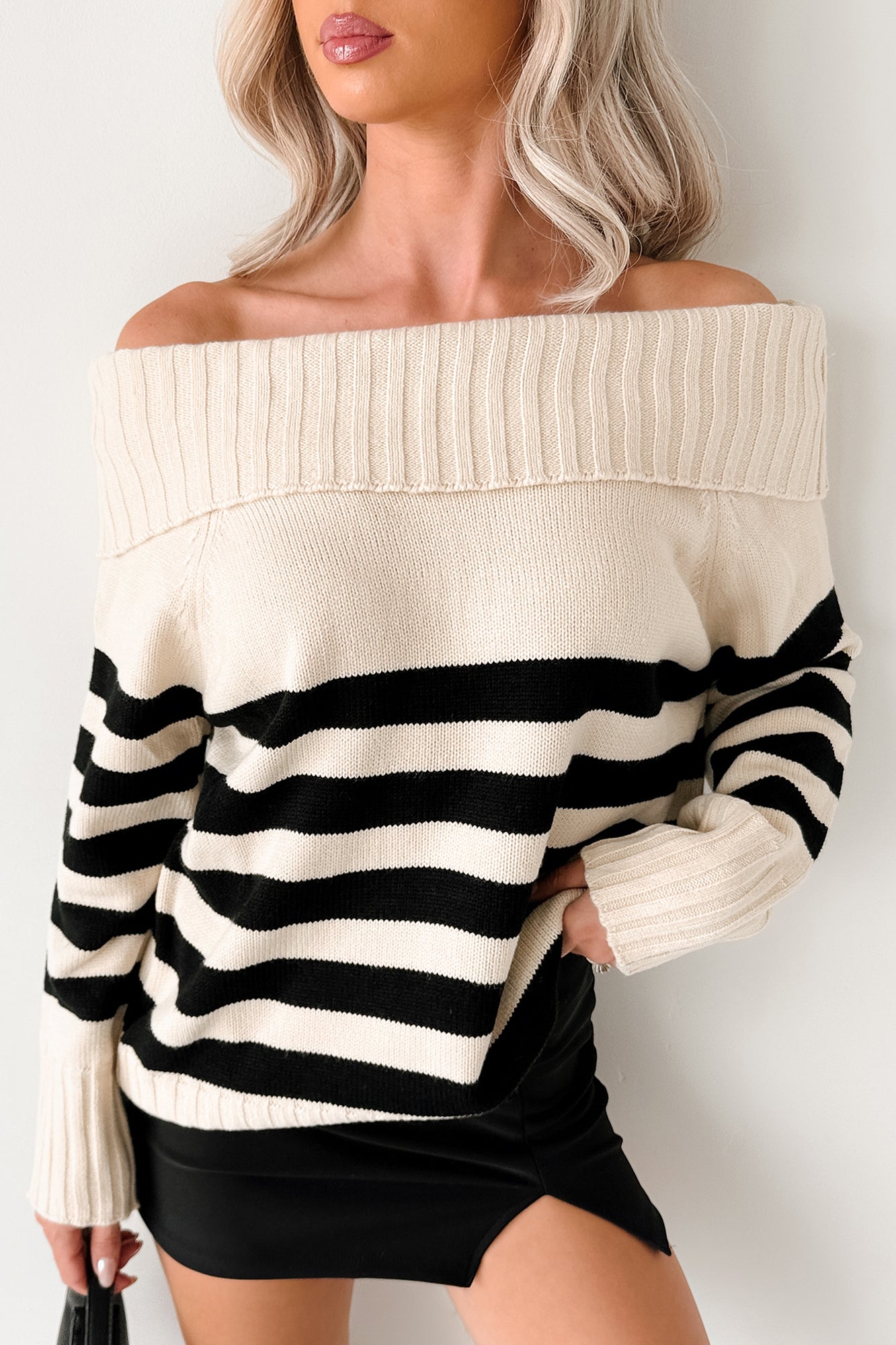 Saying Less Off The Shoulder Stripe Sweater (Cream/Black) - NanaMacs