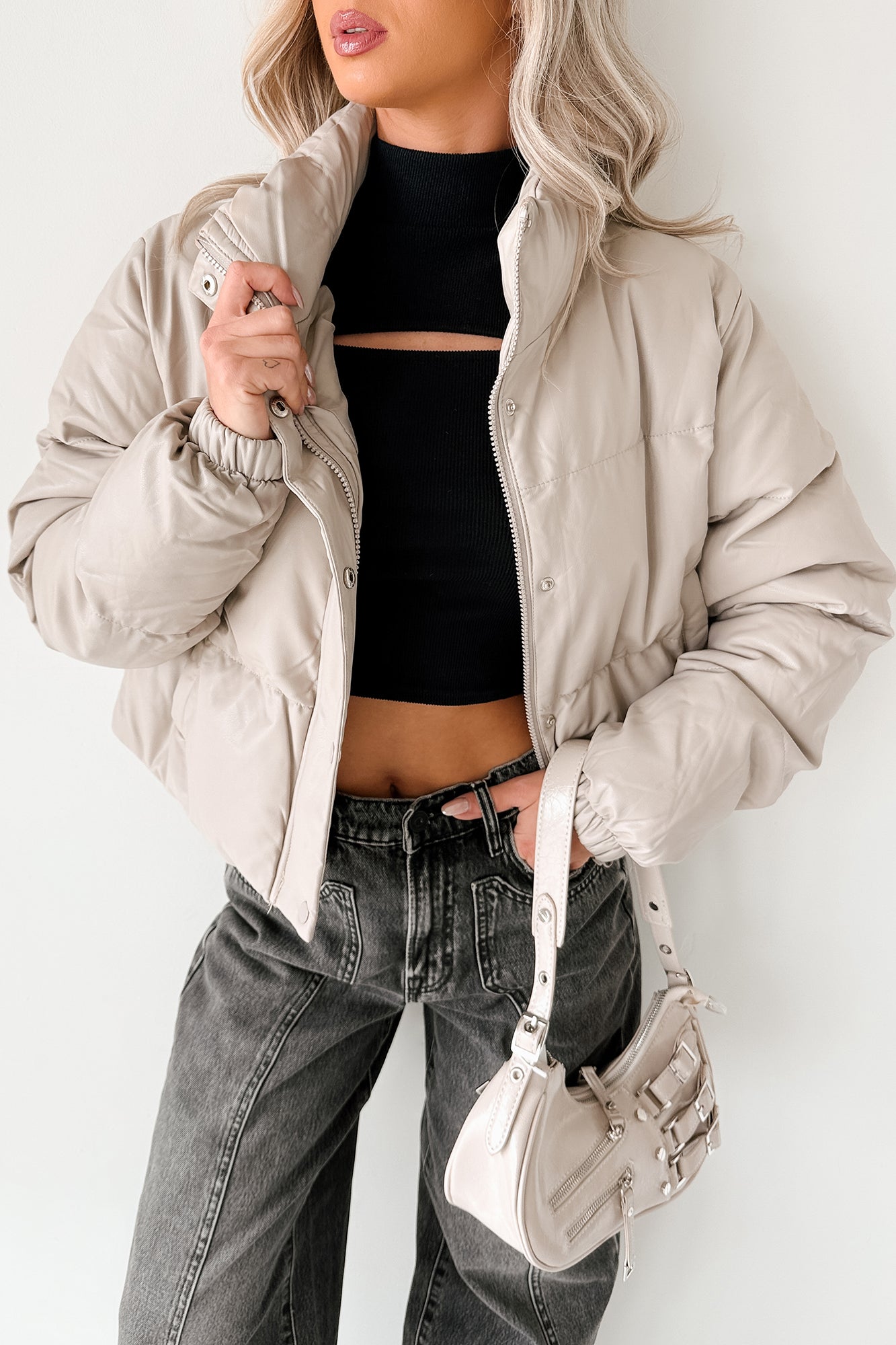 Shine Your Way Faux Leather Puffer Jacket (Taupe) - NanaMacs