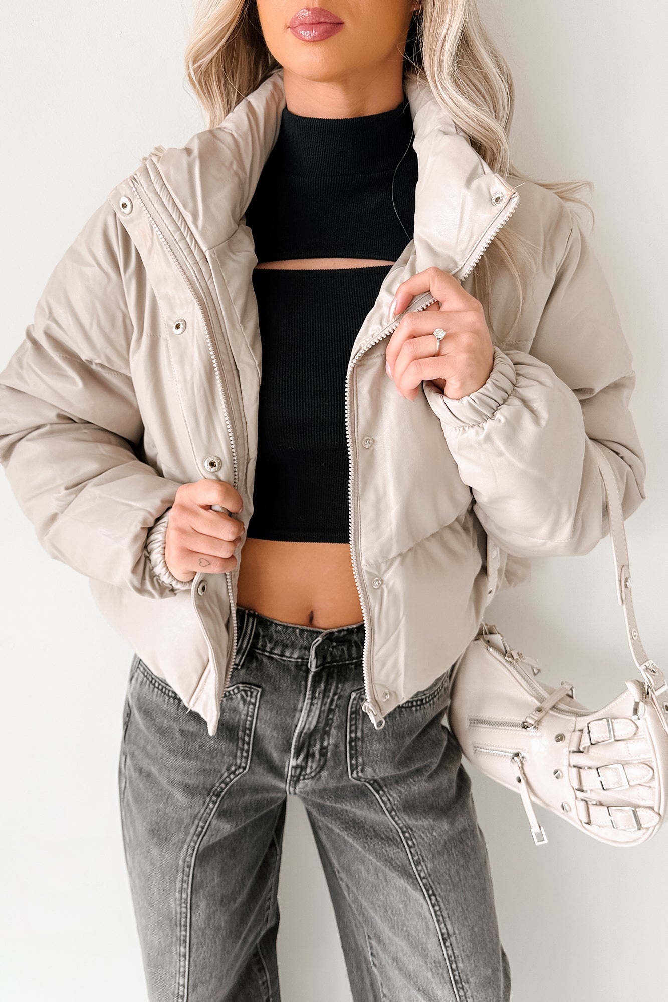 Shine Your Way Faux Leather Puffer Jacket (Taupe) - NanaMacs