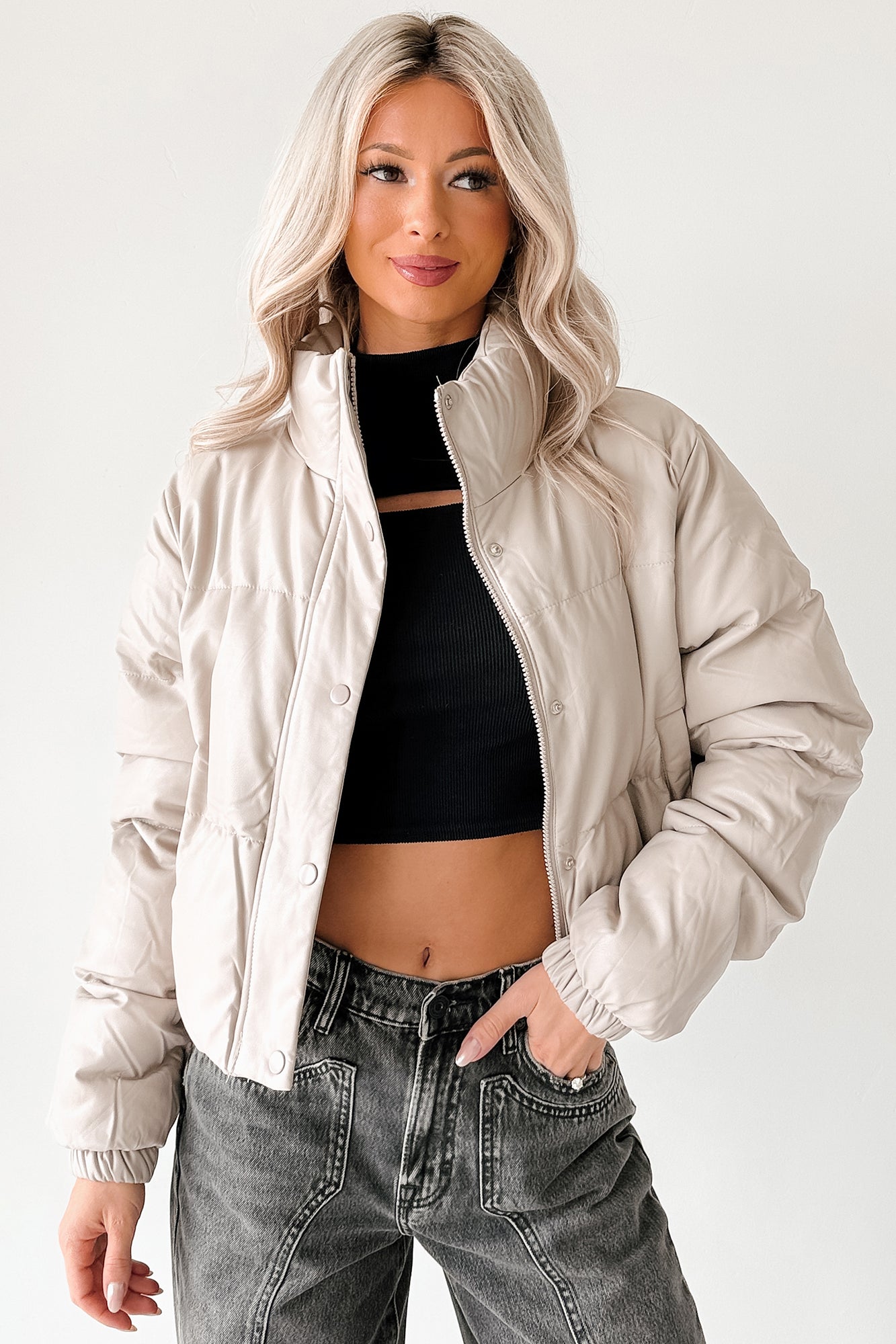 Shine Your Way Faux Leather Puffer Jacket (Taupe) - NanaMacs