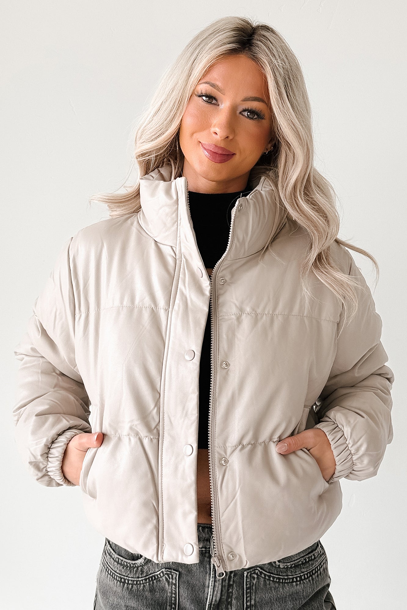 Shine Your Way Faux Leather Puffer Jacket (Taupe) - NanaMacs