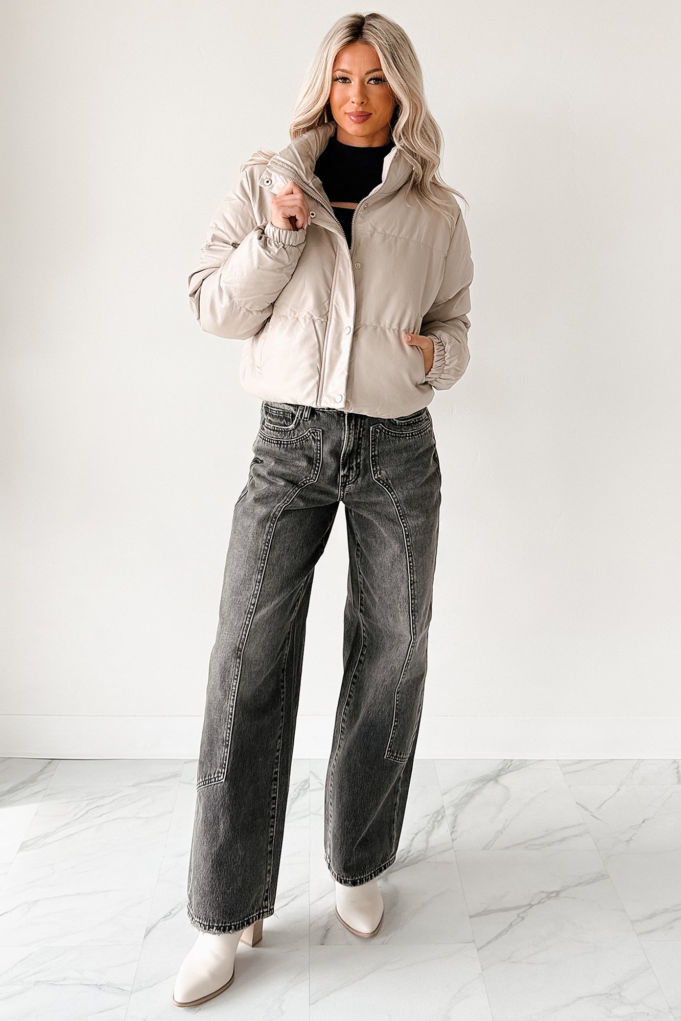 Shine Your Way Faux Leather Puffer Jacket (Taupe) - NanaMacs