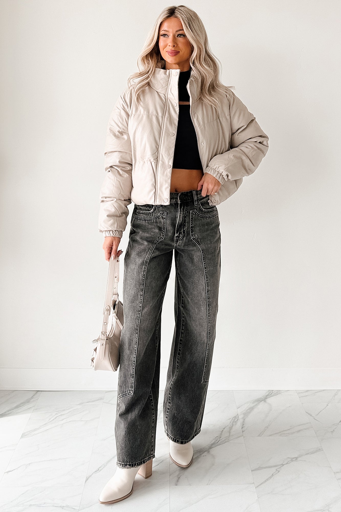 Shine Your Way Faux Leather Puffer Jacket (Taupe) - NanaMacs