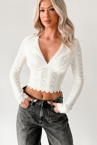 Born Untamed Long Sleeve V Neck Lace Top (White) - NanaMacs