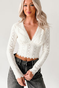 Born Untamed Long Sleeve V Neck Lace Top (White) - NanaMacs