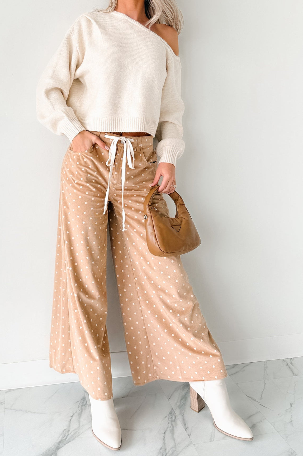 Virgina Drawstring Polka-Dot NoaBoa Pants (Mocha) - NanaMacs