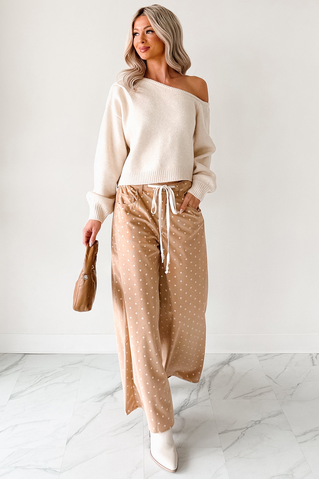 Virgina Drawstring Polka-Dot NoaBoa Pants (Mocha) · NanaMacs