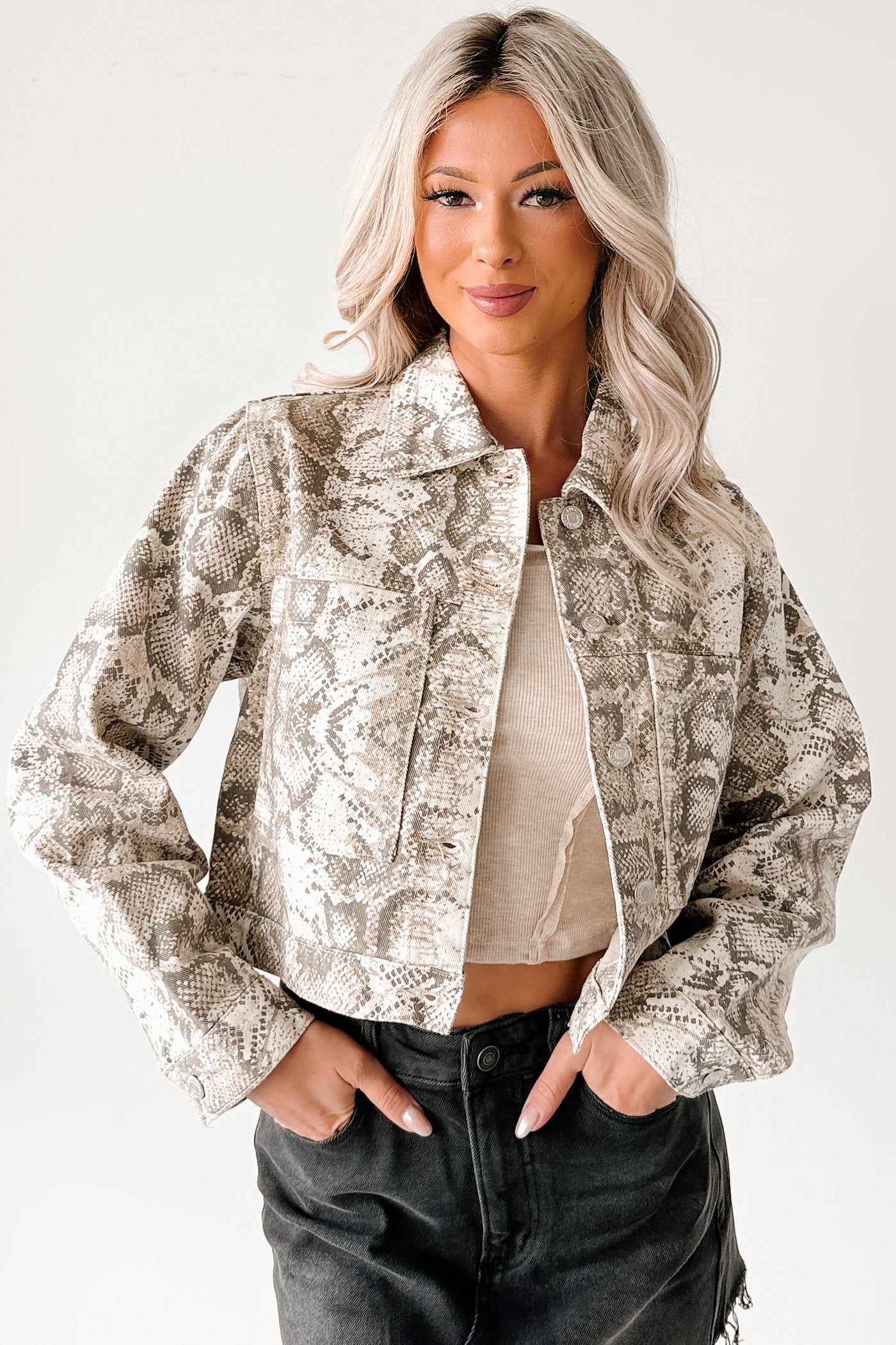 Prime Times Denim Snake Print Jacket (Taupe) - NanaMacs