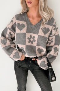 Dream Core Floral Checkered POL Sweater (Grey/Beige)