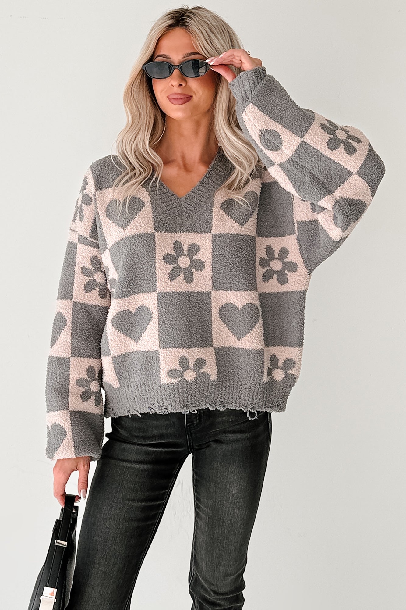 Dream Core Floral Checkered POL Sweater (Grey/Beige) · NanaMacs