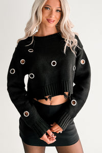 Winter Slow Distressed Grommet Sweater (Black) - NanaMacs