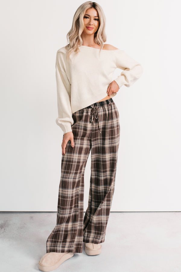 Winters In Wide Leg Drawstring Plaid Pants (Brown)