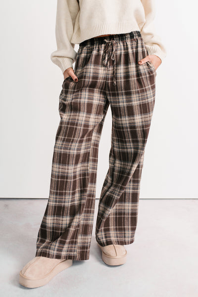 Winters In Wide Leg Drawstring Plaid Pants (Brown)