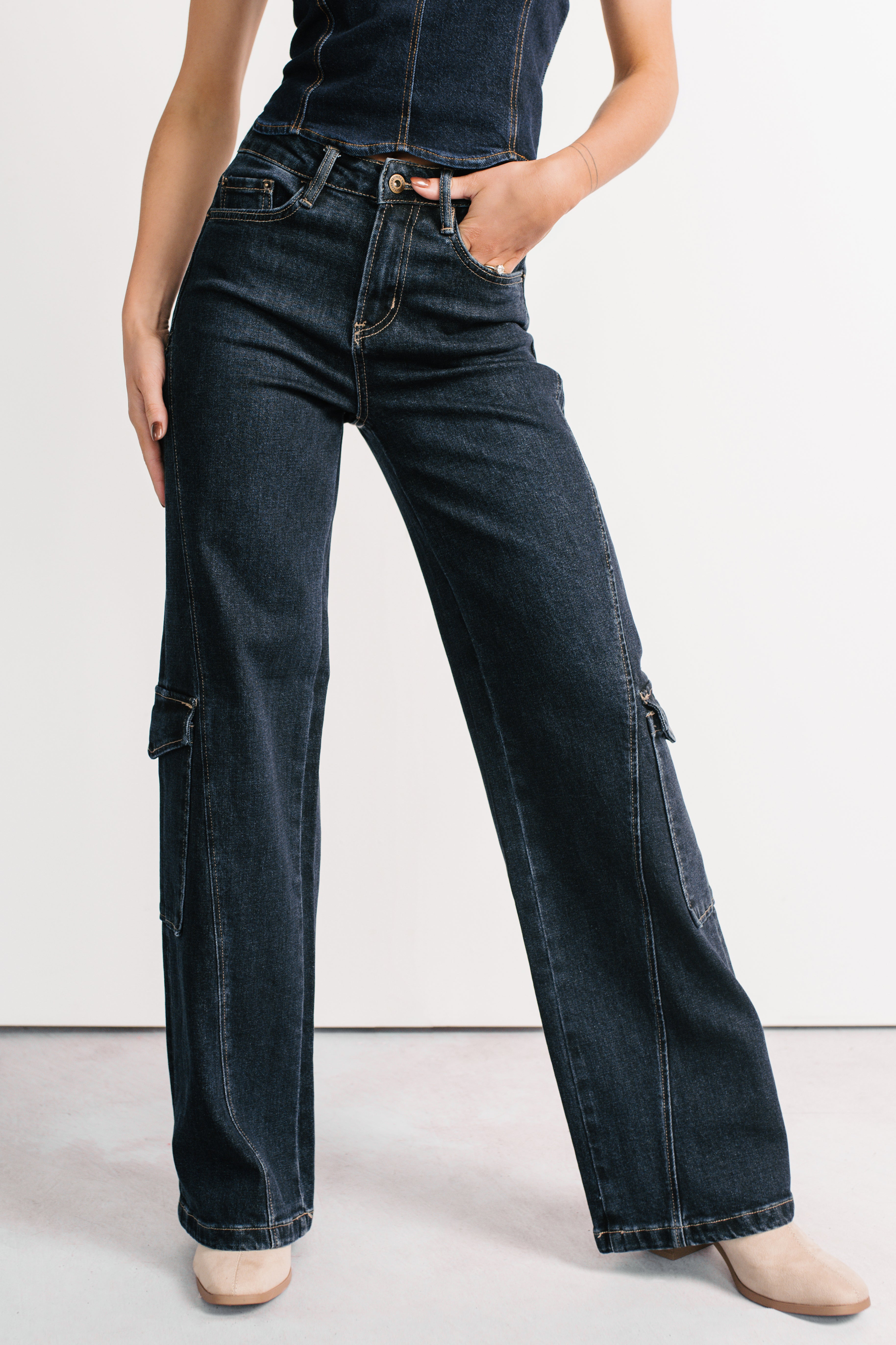 Crosby Wide Leg Mica Denim Cargo Jeans (Dark Wash) - NanaMacs