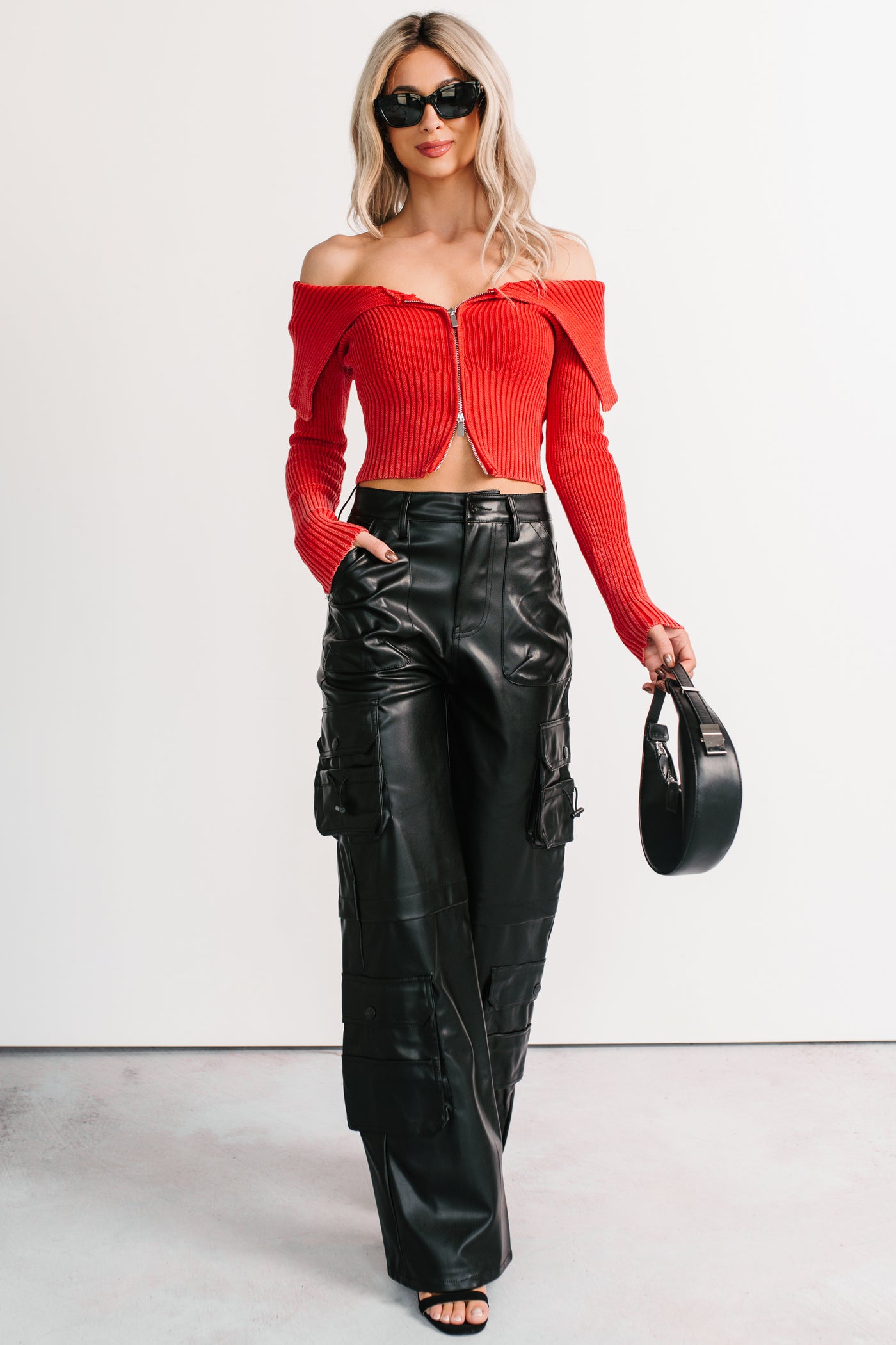 Sweet Spell Off The Shoulder Zip-Up Sweater (Red) - NanaMacs