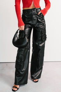 Burke Faux Leather Wide Leg Cargo Pants (Black) - NanaMacs