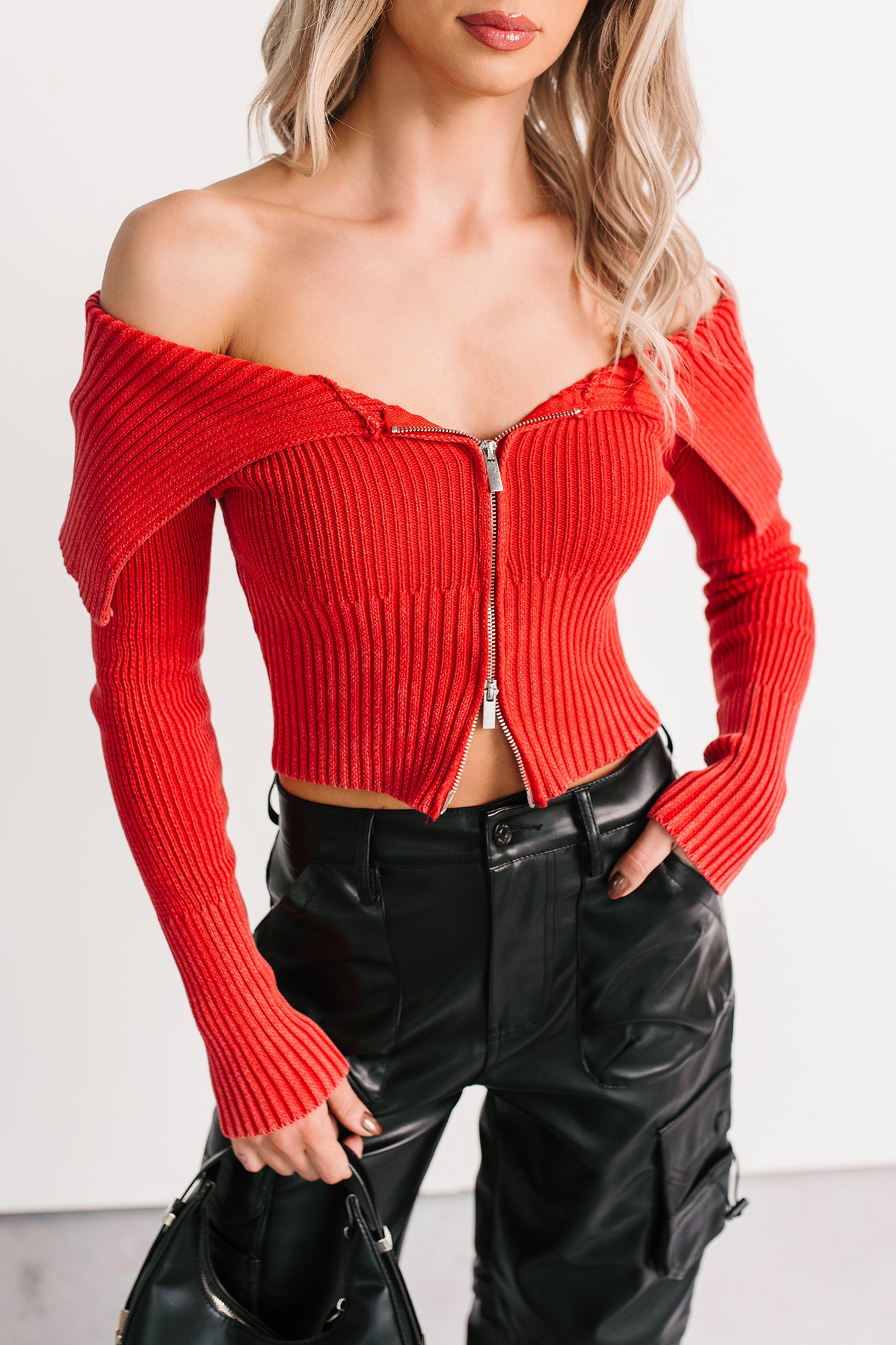 Sweet Spell Off The Shoulder Zip-Up Sweater (Red) - NanaMacs